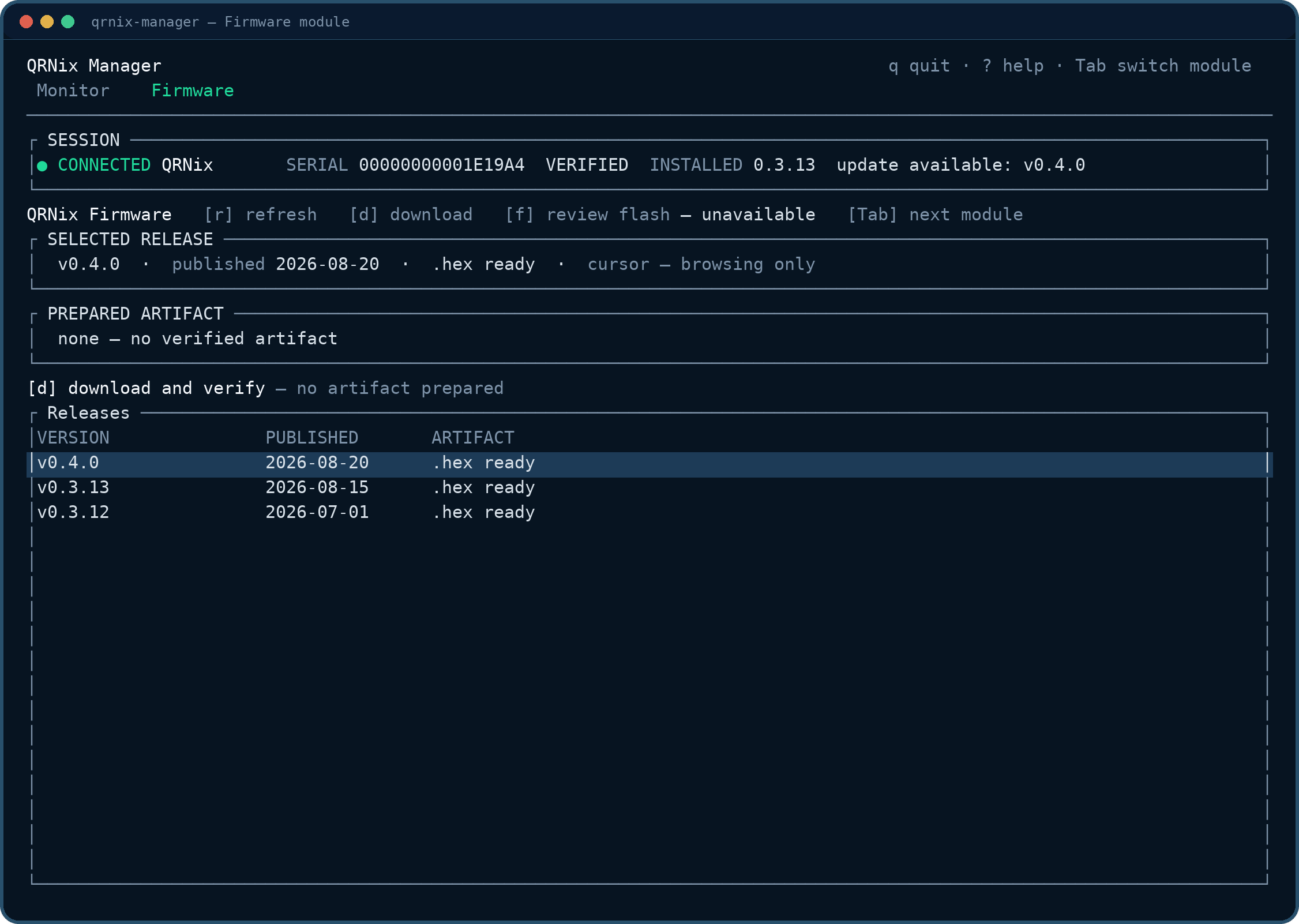 QRNix Manager firmware module: release list with the selected release highlighted
