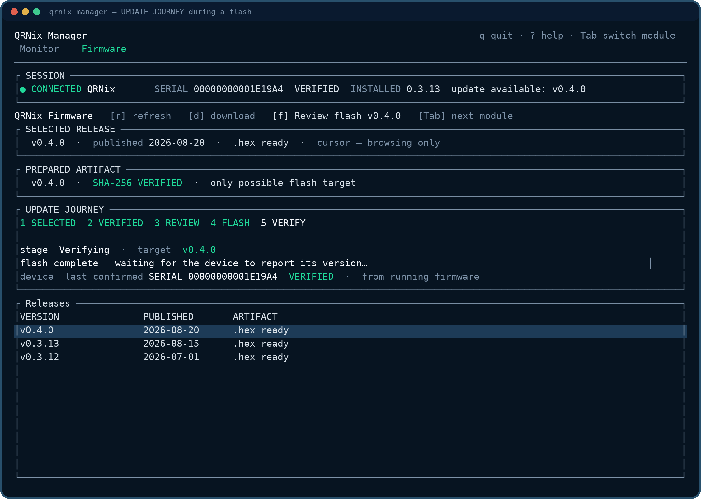 QRNix Manager update journey: the five flash stages with the post-flash verification running