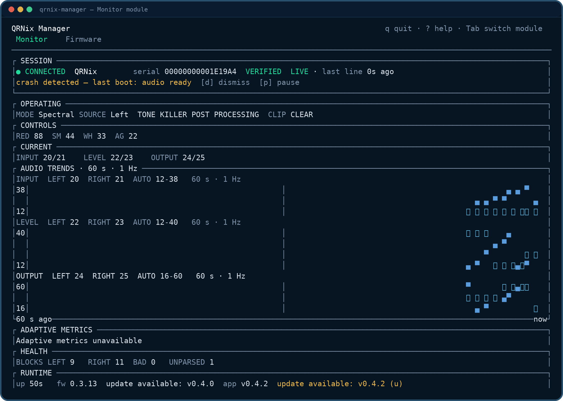 QRNix Manager monitor: session strip, operating and controls, 60-second signal trends, adaptive metrics, health, and runtime footer