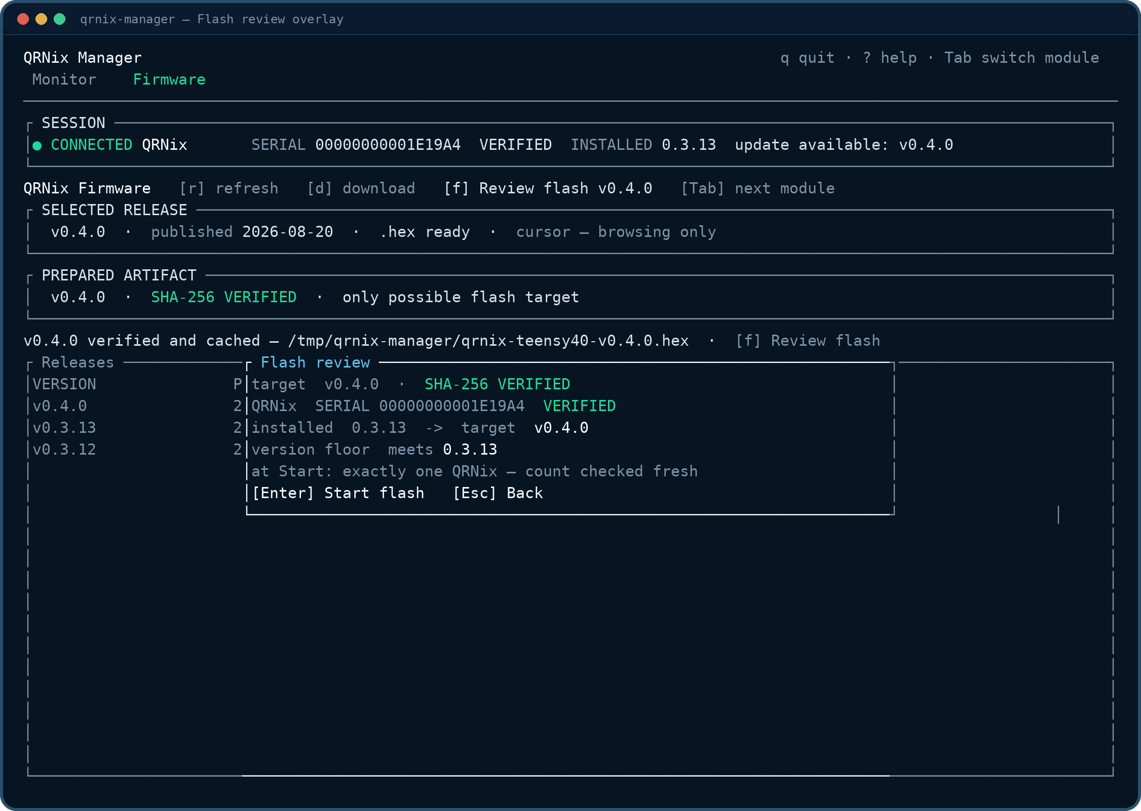 QRNix Manager flash review: the digest-verified target and unit identity before flashing